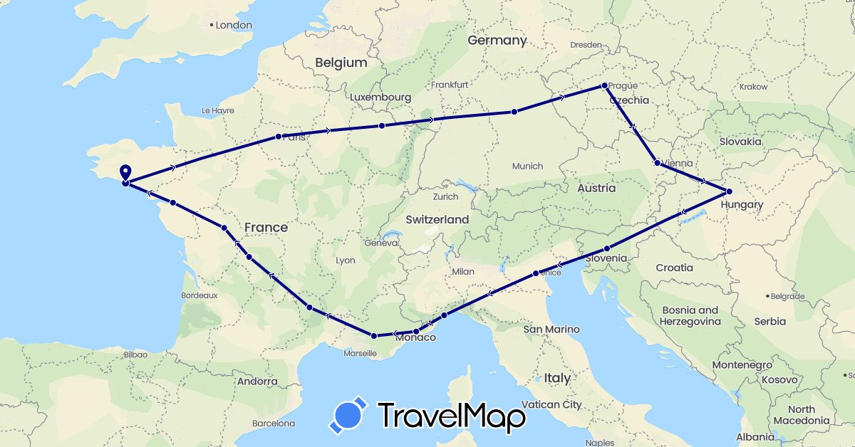 TravelMap itinerary: driving in Austria, Czech Republic, Germany, France, Hungary, Italy, Slovenia (Europe)